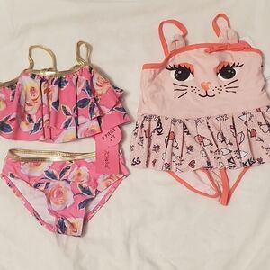 Betsey Johnson Pink Floral Two-Piece Bikini & Pink Cat Ruffle Swimsuit Set